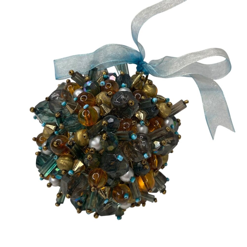 Vintage Handcrafted‎ Multicolor Beaded Push Pin Ornament Ribbon Bow Christmas 4"